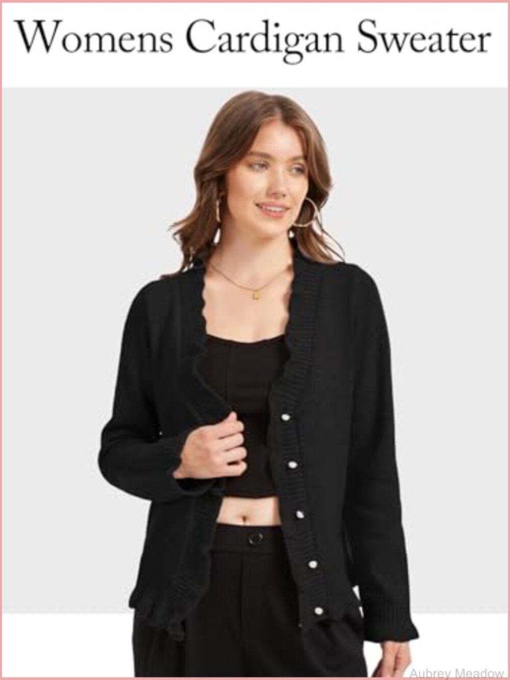 V Neck Button Up Cropped Cardigan Sweater Long Sleeve Ruffle Hem Knit Top - Picture 6 of 6